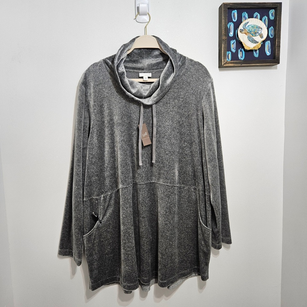 J. Jill Pure Jill NWT Cowl Neck Pullover Sweater Velour Pockets Relaxed Gray 2X